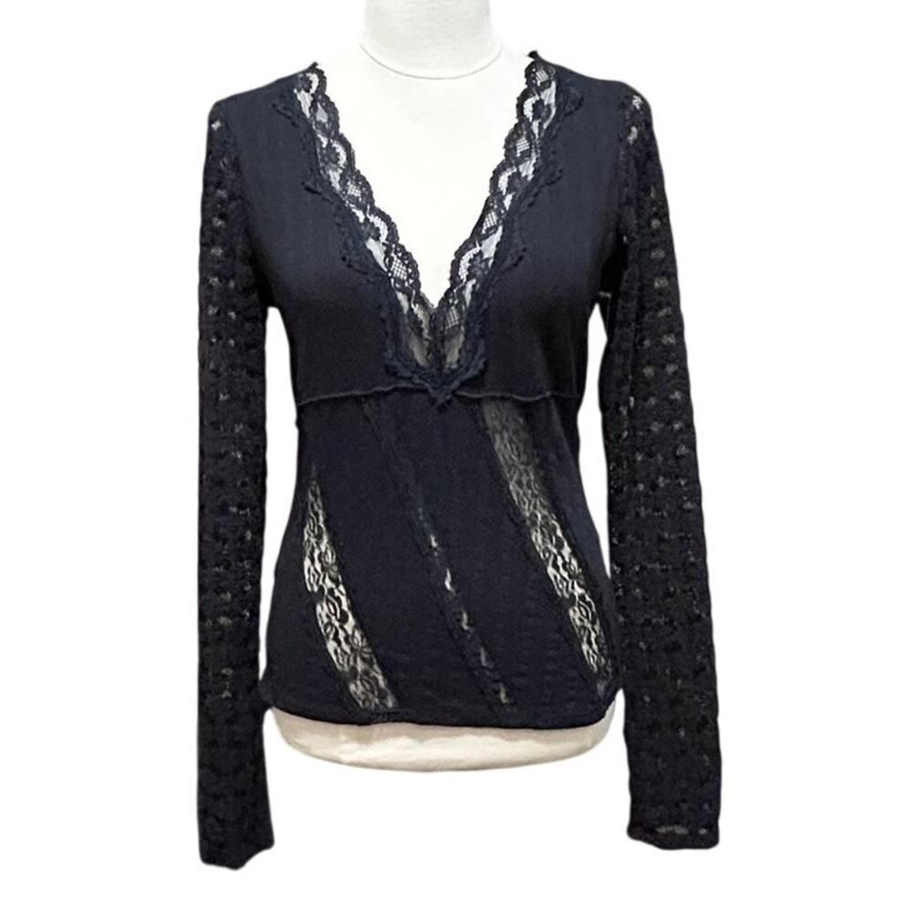 Free People This Could Be Us Women's L Lace Top Black V Neck Long Sleeve NWT